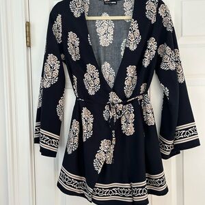 Fashion Nova Navy Long Sleeve Wrap Romper